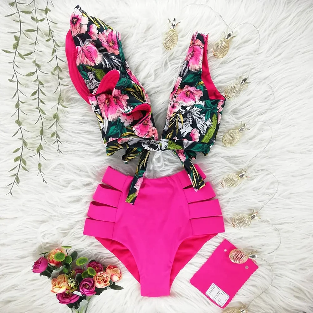 

Two Floral Female Pieces 2020 Push-up Padded Bra Frilly Bikini Bandage Swimsuit Suit Set Beachwear Bikini