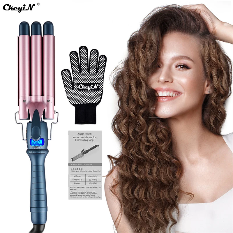 

Профессиональные щипцы для завивки волос CkeyiN, 3 бочки, керамические щипцы для завивки, ЖК-дисплей, инструменты для укладки волос, электричес...