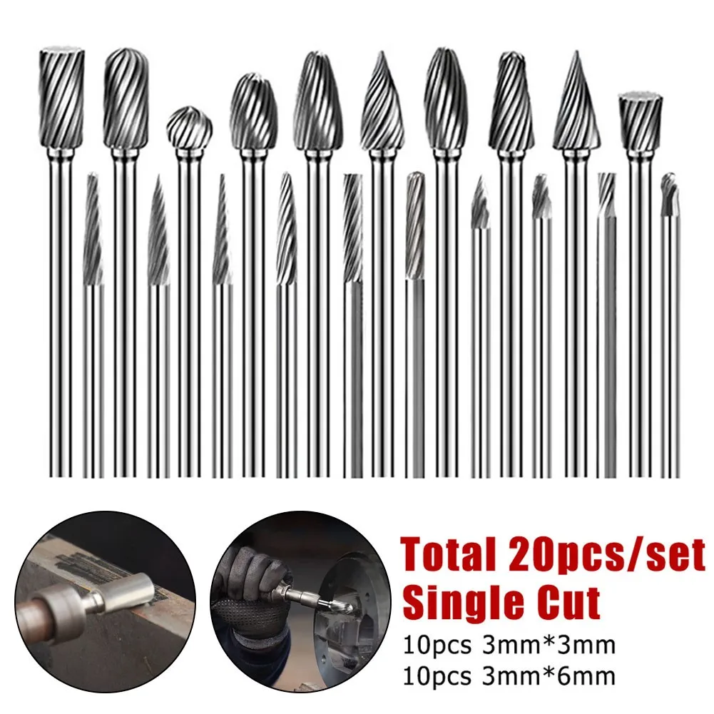 

20PCS Head Tungsten Carbide Steel Rotary Burr Die Grinder Bit Shank Carving Set 3mm 6mm Tungsten Carbide