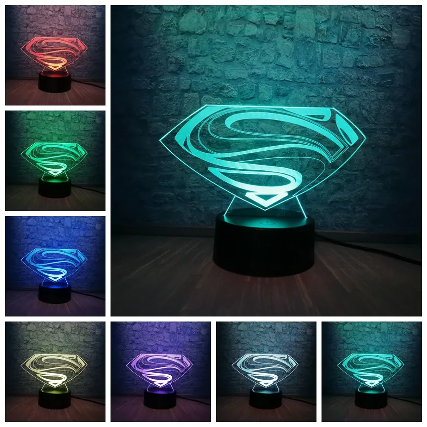 3D светодиодный DC Супермен логотип лампочки с символами, моделирующая лампа, 7 цветов, изменение иллюзии, настольный ночник, декор для комнаты, Детские вентиляторы, подарок, детская игрушка