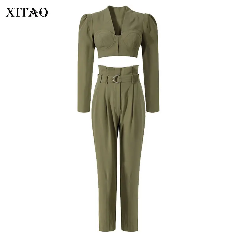

XITAO Two Piece Set Women Sexy Pullover Full Sleeve Top Elastic Waist Full Length Pants 2021 Autumn Solid Color Style WMD2900