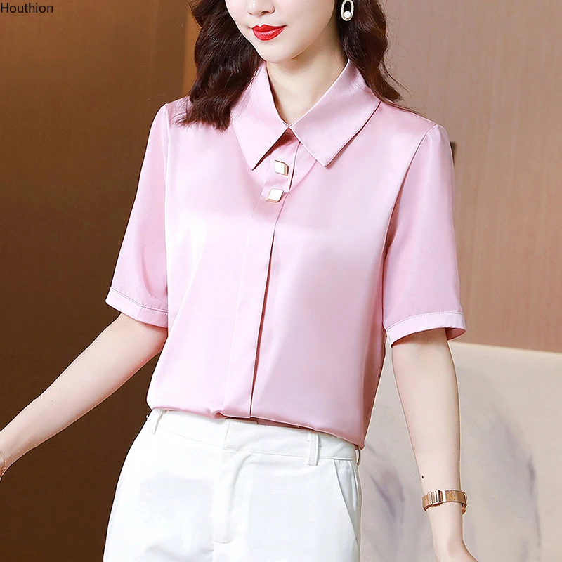 

Блузка женская с коротким рукавом, модный топ, рубашка-поло, повседневная Однотонная рубашка, атласная свободная шелковая, на лето