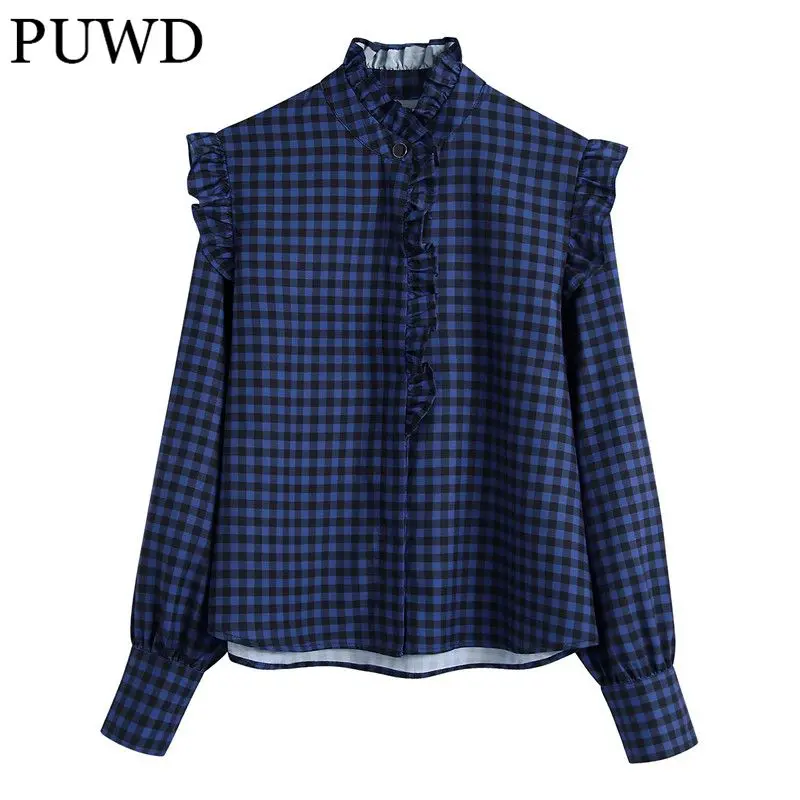 

PUWD Casual Women Ruffled Blouse 2021 Autumn Fashion Ladies College Style Cute Shirt Female Blue Plaid Straight Shirt Top