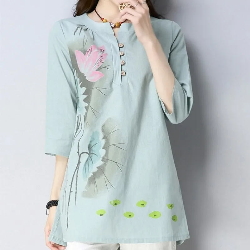 Винтажная женская футболка в китайском стиле костюм Тан футболки из хлопка и