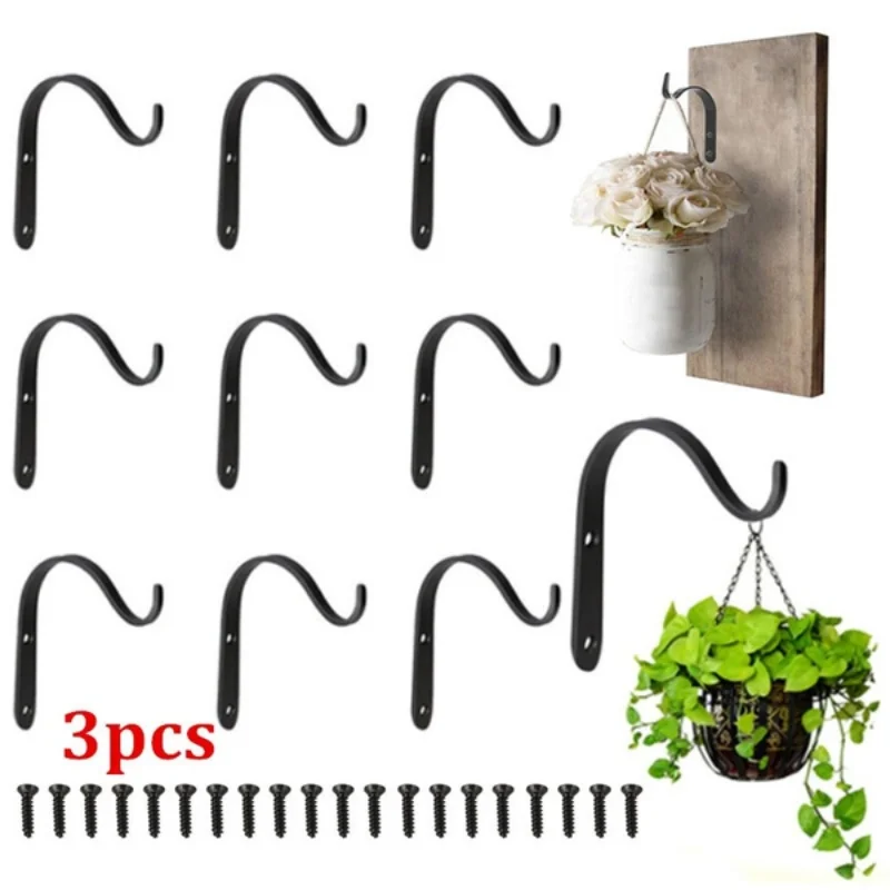 

3pcs Home Improvement Metal J-shaped Black Flower Basket Hook Hanging Baskets Outdoor Garden Plant Hanger Wall Bracket