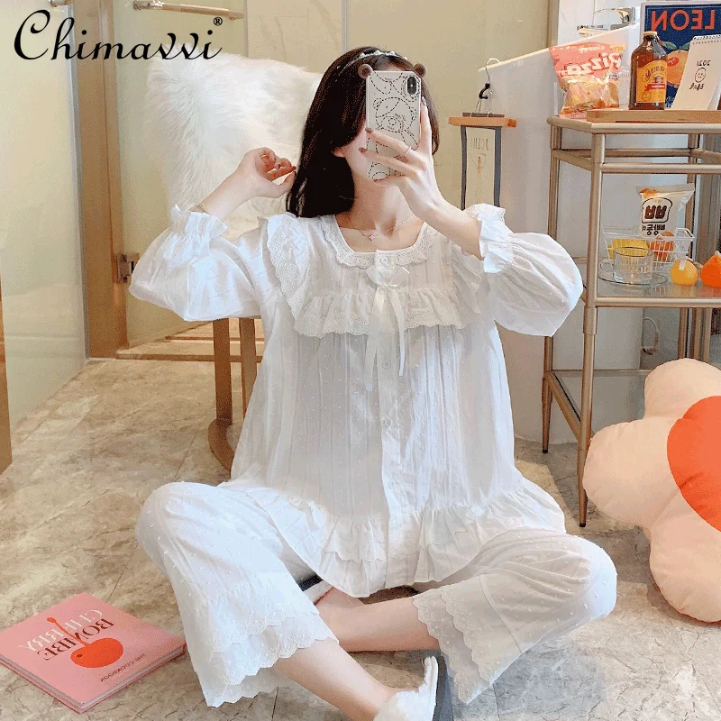 

Princess Pajamas Women 2021 Spring&Summer Thin Cotton Long-Sleeved Lace Sleepwear 2-Piece Set Square Collar White Home Wear