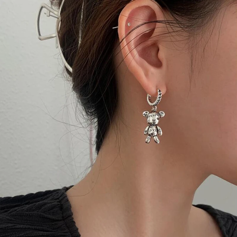 

Fashion Earrings For Women Silver Color Hoop Earrings Personality Accessories Little Bear LOVE Heart Asymmetric Party Jewelry