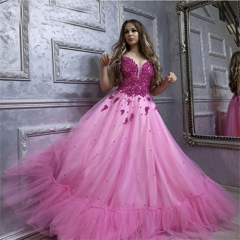 

2020 Hot Pink Appliques Prom Dresses Long Ball Gown Spaghetti Straps V Neck Formal Evening Party Dress Robe De Soiree