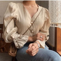 korean fashion elegant v neck pearl button long puff sleeve folds t shirts casual sweet solid vintage all match women clothing