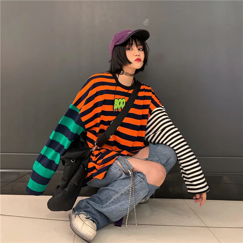 Lychee Harajuku цветная Лоскутная женская футболка, свободная полосатая Осенняя женская футболка с вырезом лодочкой, женские футболки, топы, футболки