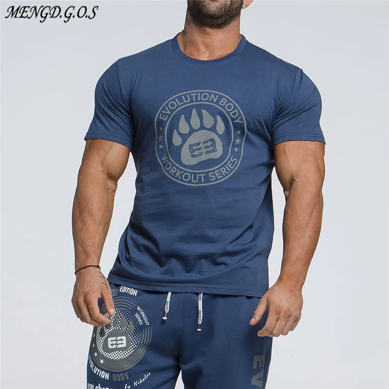 Мужская спортивная футболка с круглым вырезом модная для фитнеса бодибилдинга
