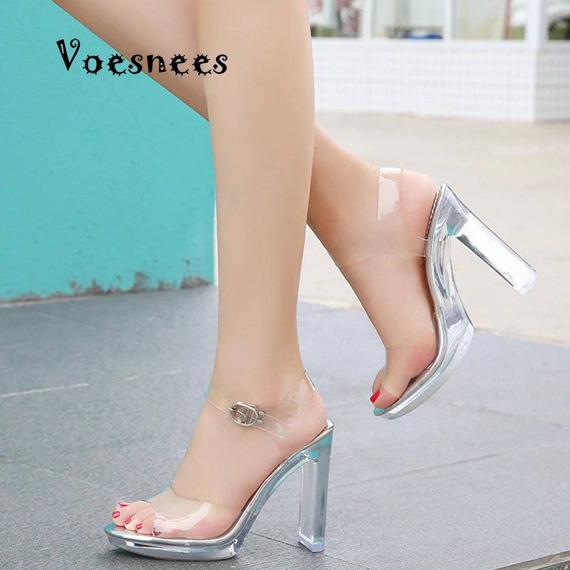 

Sexy Transparent Sandals Women Crystal Heel Waterproof Platform High Heels Word Thick-heeled 11CM Car Model Shoes Slippers Women