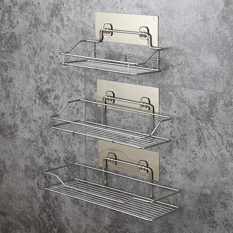 

Полка из нержавеющей стали для ванной и кухни, клейкая корзина для хранения, без перфорации, аксессуары для ванной комнаты