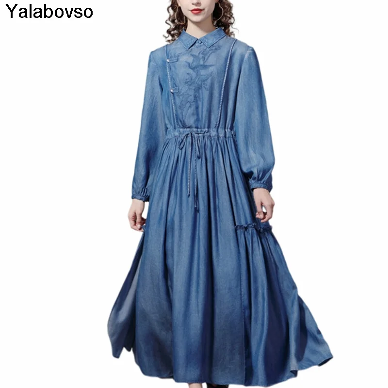 

2021 Autumn Embroidered Cheongsam Drawstring Waist Closed Improved Long Dresses Retro Vintage Tencel A Line Denim Dress Women's