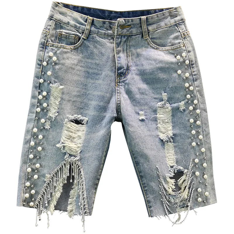 

solid beaded denim knee-length women jeans summer new high waist beaded hole holw tassel female jeans top quality