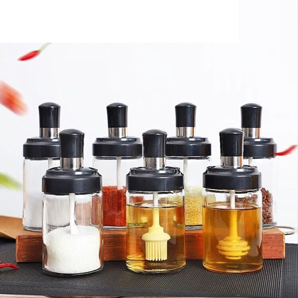 

Spice Pepper Shakers Seasoning Box Glass Condiment Container with Lid Spice Jar with Spoon Bar Brush