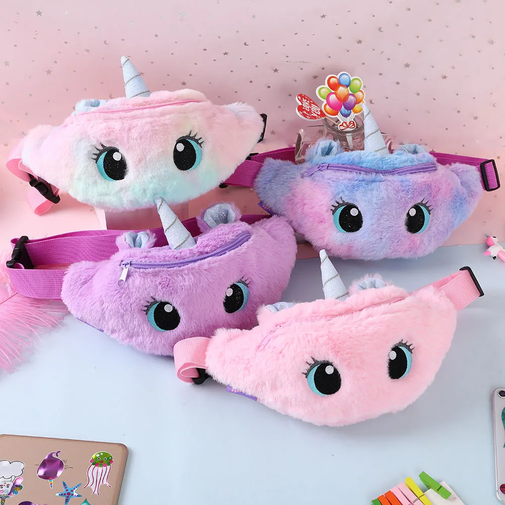 

Cute Unicorn Children's Fanny Pack Girls Waist Bag Plush Toys Belt Gradient Color Chest Bag Cartoon Coin Purse Travel Chest Bag