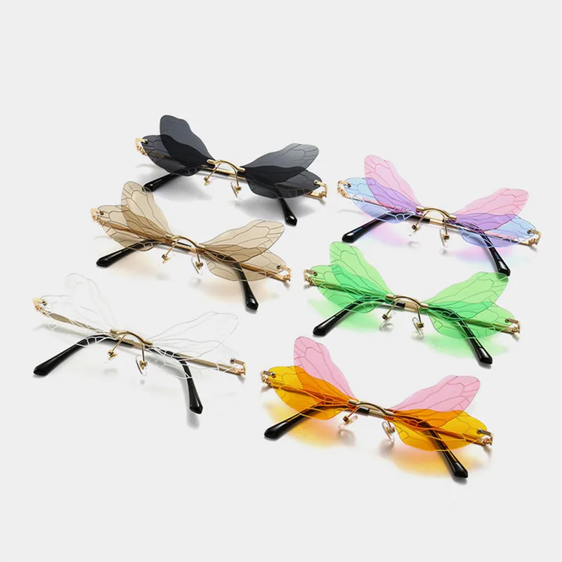 

Dragonfly Steampunk Sunglasses Rimless Sunglasses Women Vintage Men Frameless Gradient Clear Lens Glasses Shades Oculos