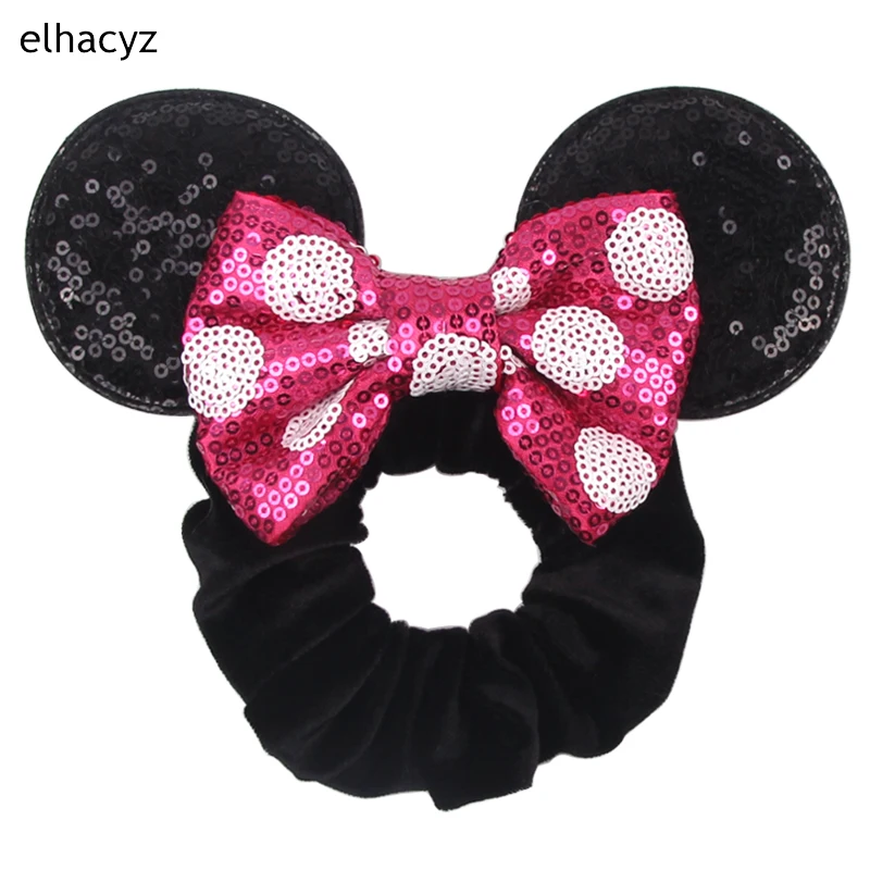 

New 2.3'' Sequin Mouse Ears Polka Bow Girls Elastic Hair Band Women Velvet Scrunchies Headband Pony Tail Holder Hair Accessories