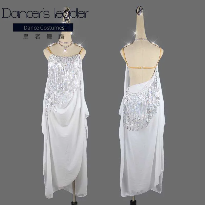 

High-end Custom Latin Dance Costume Female Adult White Sequins Chacha Tango Professional Stage Competition Costumes