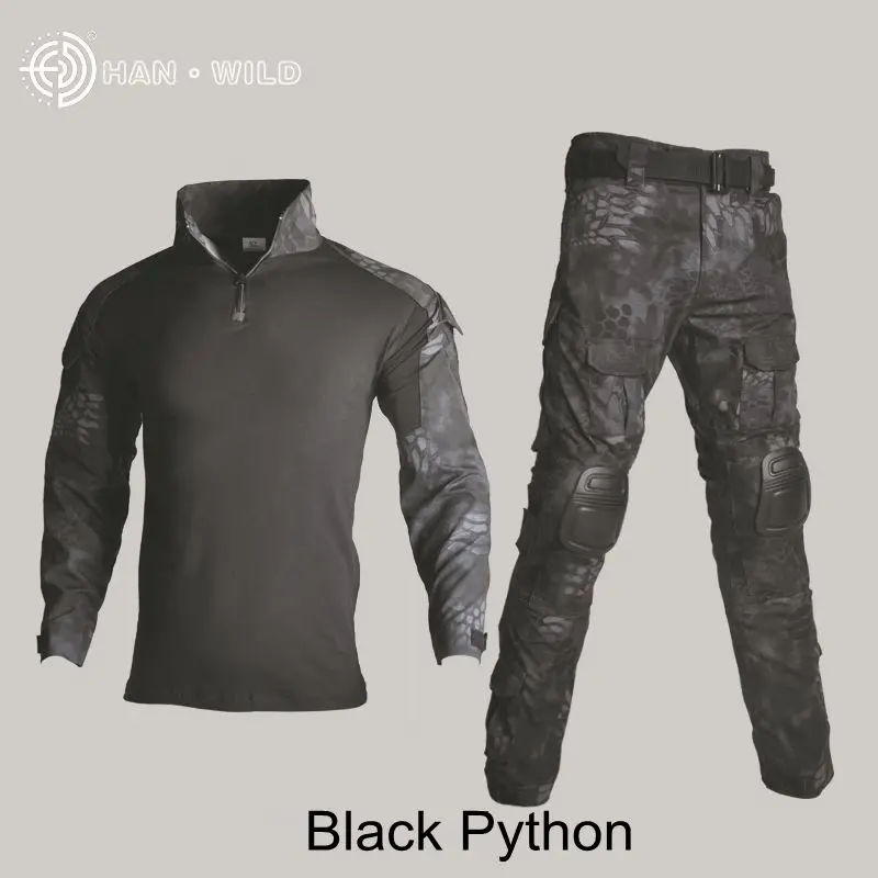 Black Python Тактическая Военная Боевая форма, рубашка с камуфляжем мультикам+ штаны, налокотники, наколенники, военная одежда армии США, черный Камуфляжный костюм, одежда для охоты - Цвет: Black Python