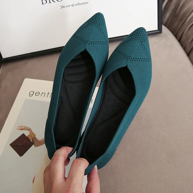 

2020 Women's Flat Shoes Zapatos Femenino Ballet Knit Pointed Toe Moccasin Mixed Color Women's Soft De Size 35-43 Breathable
