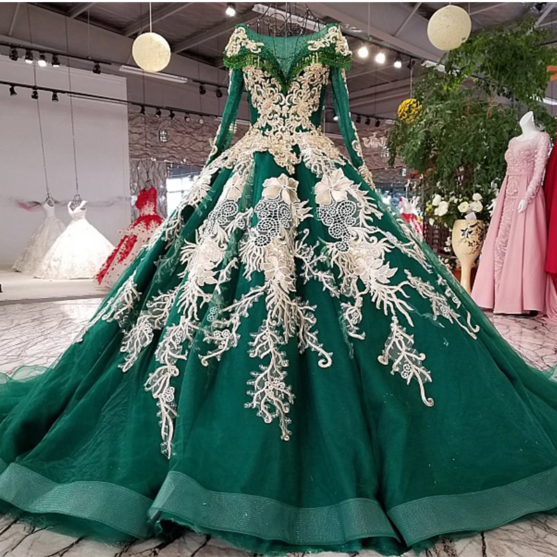 BGW 21817ht Green Evening Dress Party O-neck Lace Up Back Long Sleeve Gown 2020 Color Flowers Ball Vestido De Festa | Свадьбы и