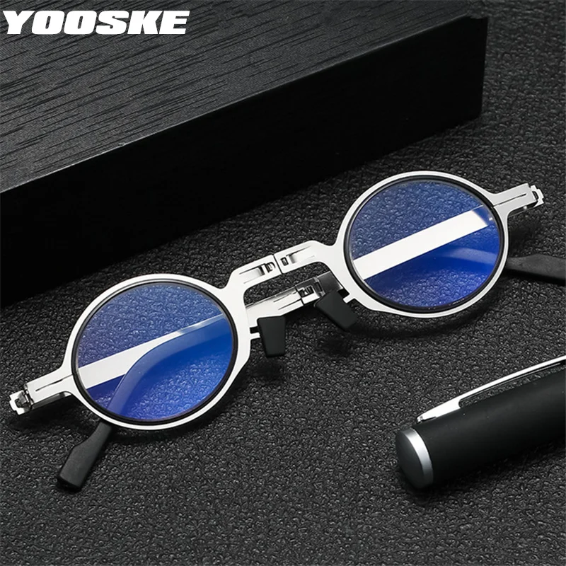 Очки для чтения YOOSKE с блокировкой синего света, складные, для женщин и мужчин, металлическая округлая складная модель для пресбиопии и гиперметропии.