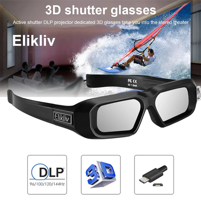 Elikliv AX 30 3D активные очки DLP Link 96 Гц/144 Гц USB Перезаряжаемый домашний кинотеатр
