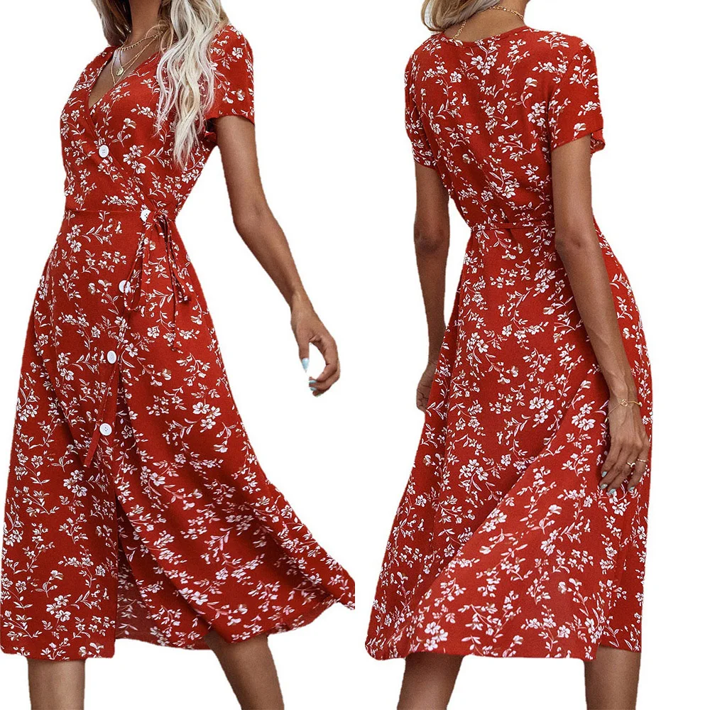 

V-Neck Print Floral Slit Women's Casual Commuter Dress Summer Women's Mid-Calf Dresses Ladies Office Short Sleeve Summer Dress