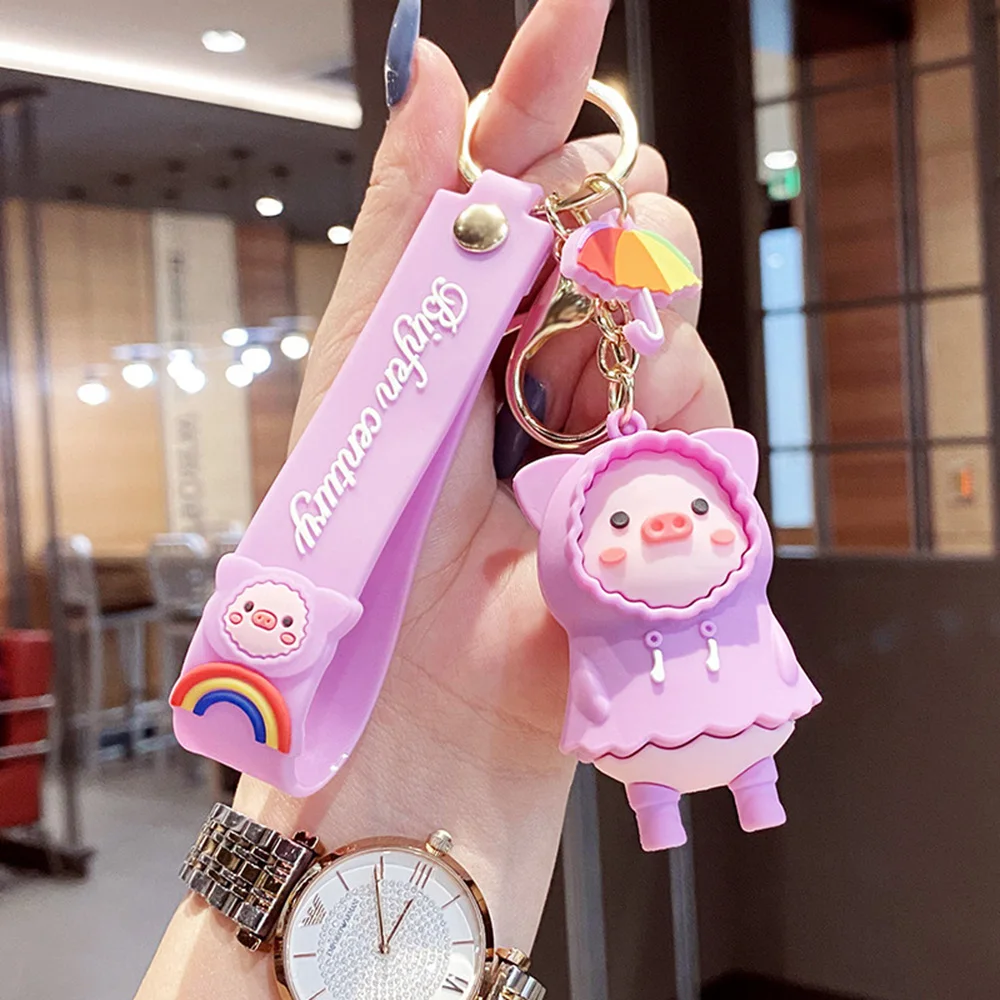 

Cute Raincoat Piggy Keychain Accessories Women's Key Chain Girl Kawaii Bag Decorations Pendant Cartoon Model Car Keyring Pendant