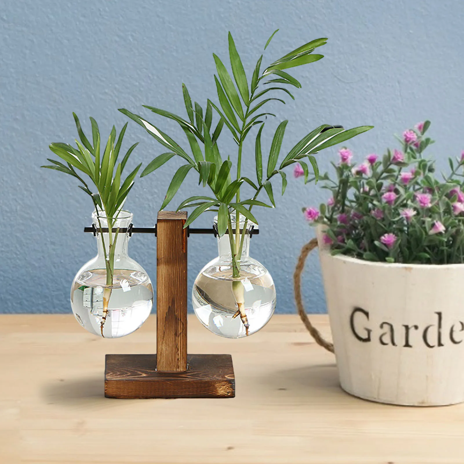 

Glass Planter Bulb Vase Desktop Plant Terrarium With Wood Stand Home Decoration Transparent Wooden Frame Glass Tabletop Plants