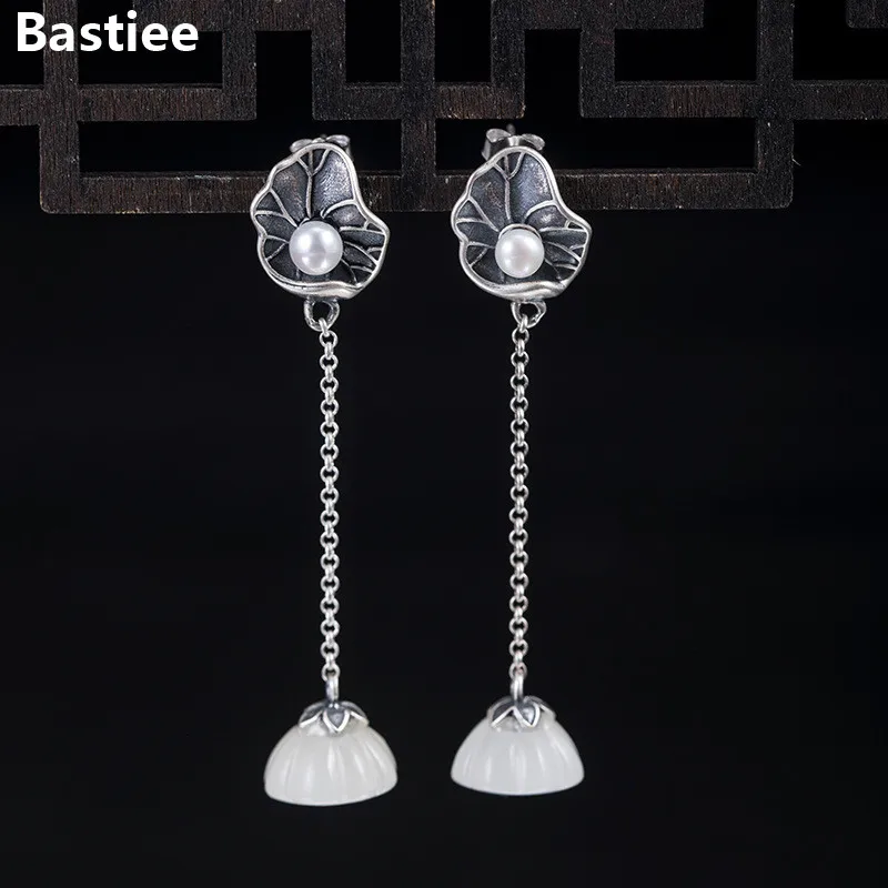 

Bastiee Vintage 925 Sterling Silver Earrings For Women Jade Pearl Lotus Flower Seedpod Dangle Earings Jewelery Hanfu Accessories