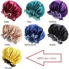 12 шт. оптовая продажа, однотонная женская Атласная шапочка, Модная шелковая большая шапочка для леди, головной убор, головной убор, аксессуары для обертывания волос