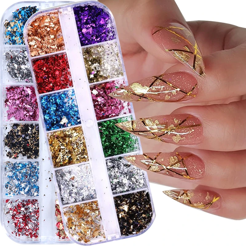 

12 Color Gold Foils Gorgeous Nails Glitter Random Shinny Sparkles Aluminum Flakes Paillette Chip Nail Design Nail Art Decoration