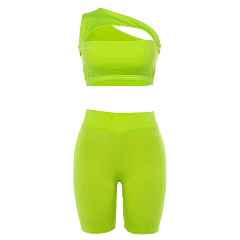 

2 Peice Set Women Sexy 2020 Summer Sport Outfit Neon Green Black Two Piece One Shoulder Top Womens Tracksuit Conjunto De Mujer