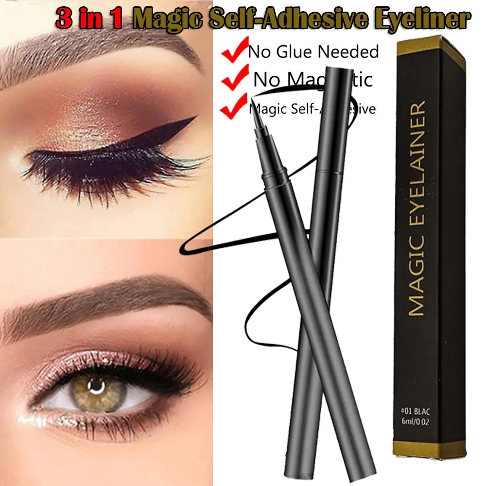 1Pc 3 In 1 Magic Self-Adhesive Black Eyeliner Waterproof Non-Blooming Quick-Drying Three-In-One Sticky Liquid Eyelashes |