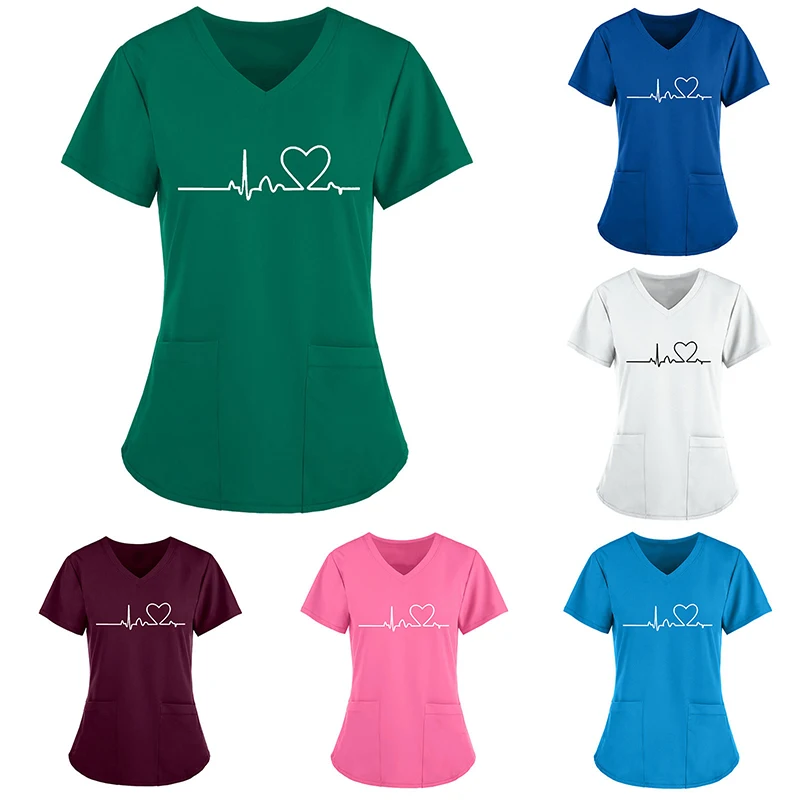 

17Styles Electrocardiogram Heart Love Print V-neck Short Sleeve Nurse Uniform With Pocket Women Overalls Tops