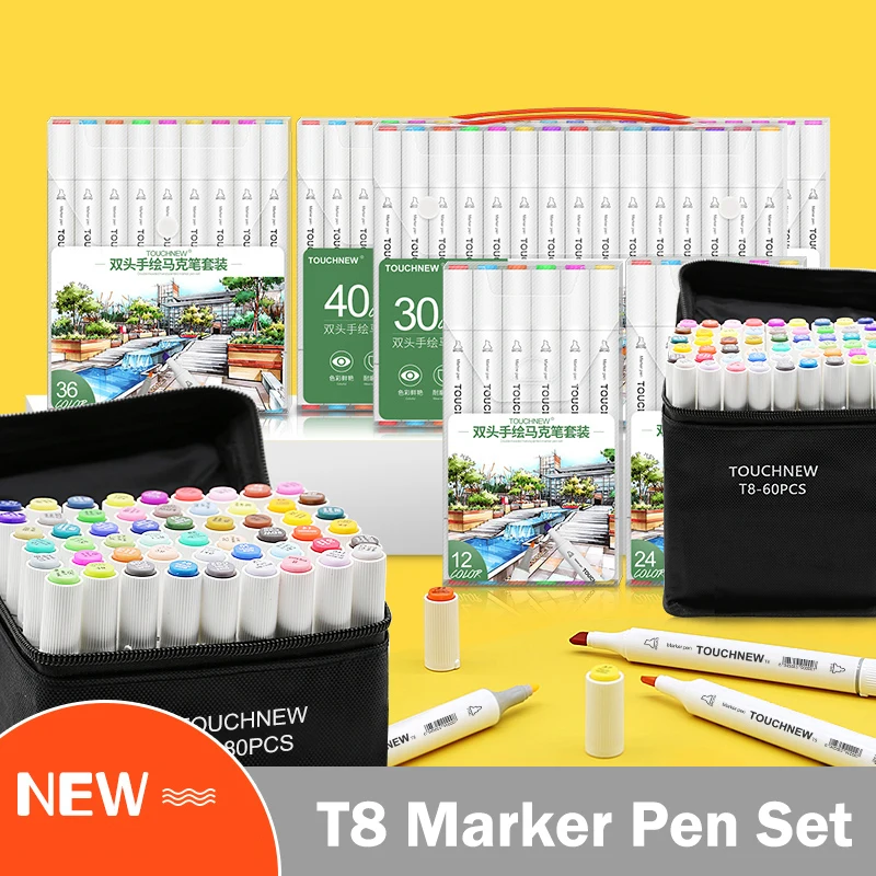 

Маркеры TOUCHNEW 30/40/60/168 цветов, маркеры с двойным наконечником, набор спиртовых маркеров, круглая ручка для детей, цветные ручки-кисти