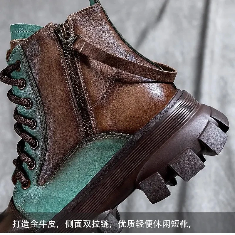 Модные ботинки женская обувь на платформе винтажные кожаные в стиле ретро