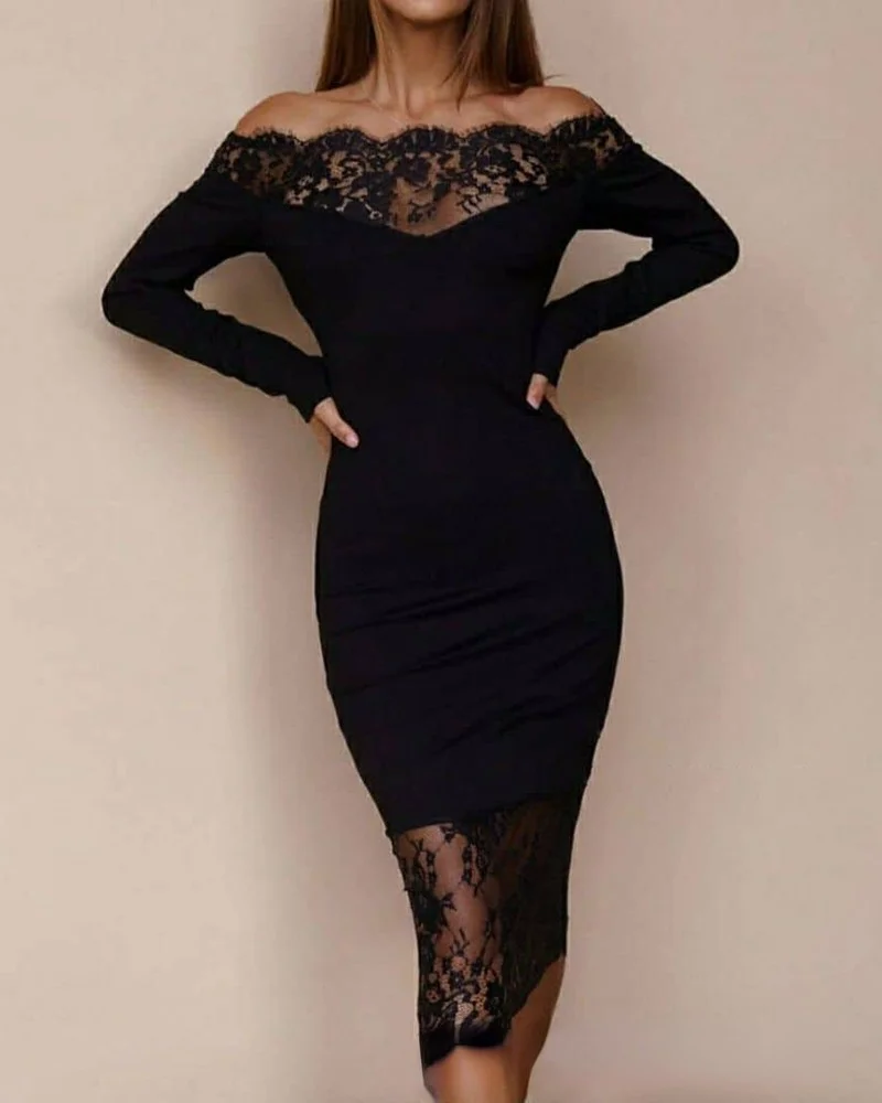 

Sexy Evening Dress Women Fashion 2021 Women's New Off Shoulder Lace Stitched Tight Skirt Black Elegant Dress for Women vestido