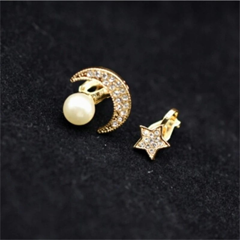 Стразы серьги-клипсы со звездами луна с жемчугом серьги-гвоздики серебро золото