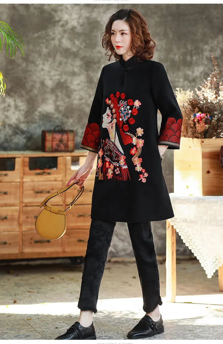 Осенне-зимние шерстяные топы cheongsam с вышивкой в стиле знаменитостей, со стоячим воротником, Свободный пуловер