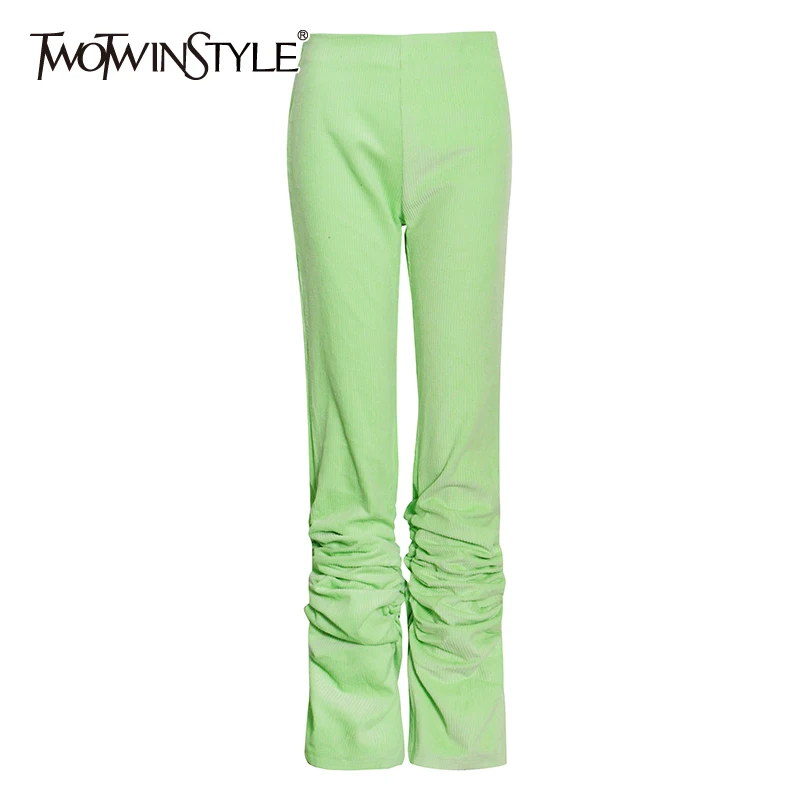 

TWOTWINSTYLE Streetwear Ruched Pants For Women High Waist Corduroy Casual Flare Trouser Female Fashion New Clothing 2021