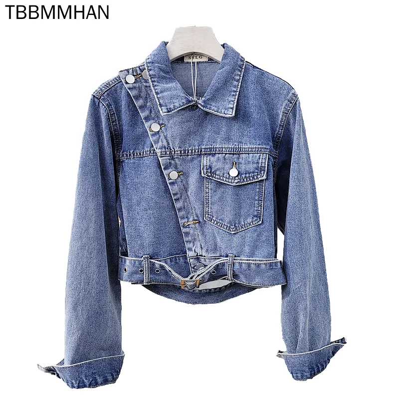 

Autumn Korean Fashion Short Denim Jacket Coat Women Loose Vintage Washed Blue Student Outerwear Pocket Belt Jeans Jacket Female
