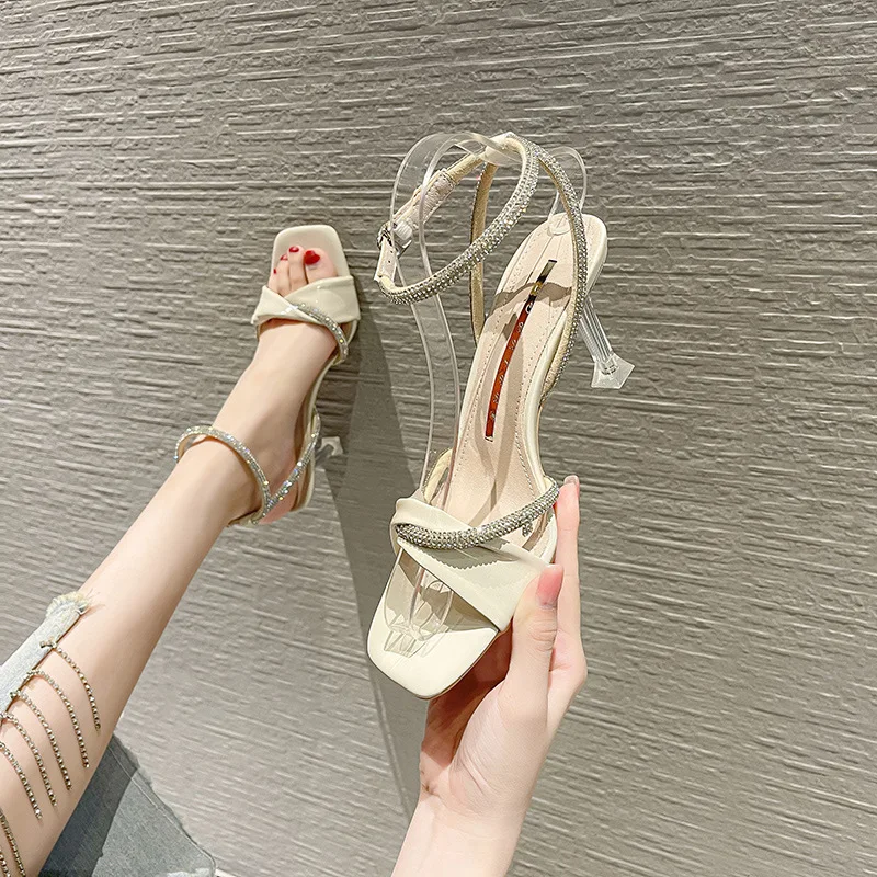 

Sandals women 2021 Square Head Thin Versatile Summer New Fashion Women's Sandals Rhinestone Girlish Style With High thin Heels