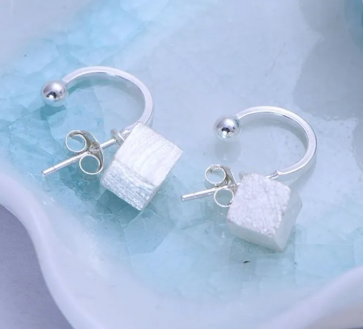 

925 sterling silver vintage Thai silver water cube matte compact female stud earrings