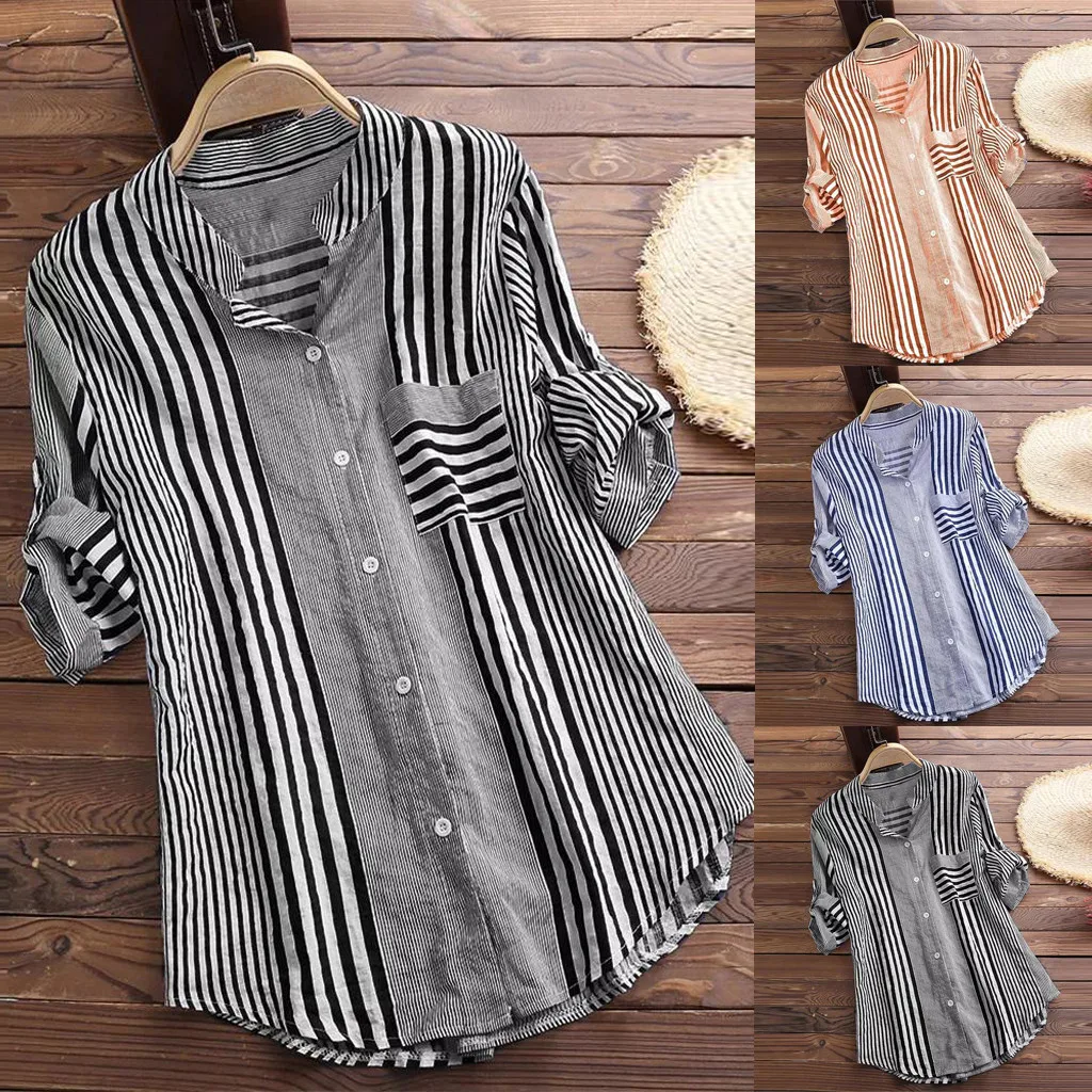 

2021 New Women Plus Size Three Quarter Striped Print V-neck Loose Fit Top Blouse Women Shirt Blouse Chemisire Jas#B
