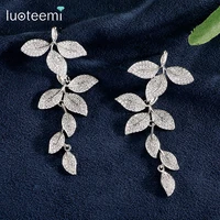 luoteemi new luxury white gold color korean design cubic zirconia drop earring long leaf statement brincos for women wedding