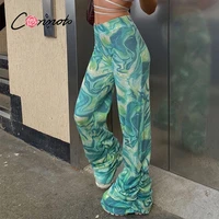 conmoto 2021 new green tie dye y2k stacked pants women vintage printed trousers streetwear high waist straight fashion trousers